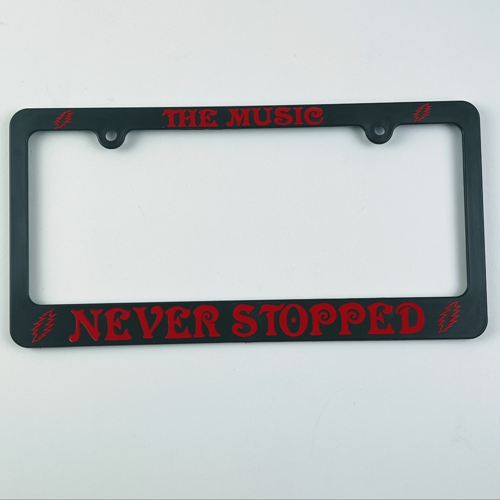 GRATEFUL DEAD License Plate Frame MUSIC NEVER STOPPED Black & Red